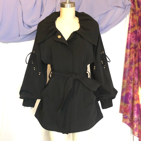 St. John SoCa Black belted parka metallic accents oversized collar size small - Picture 3 of 13